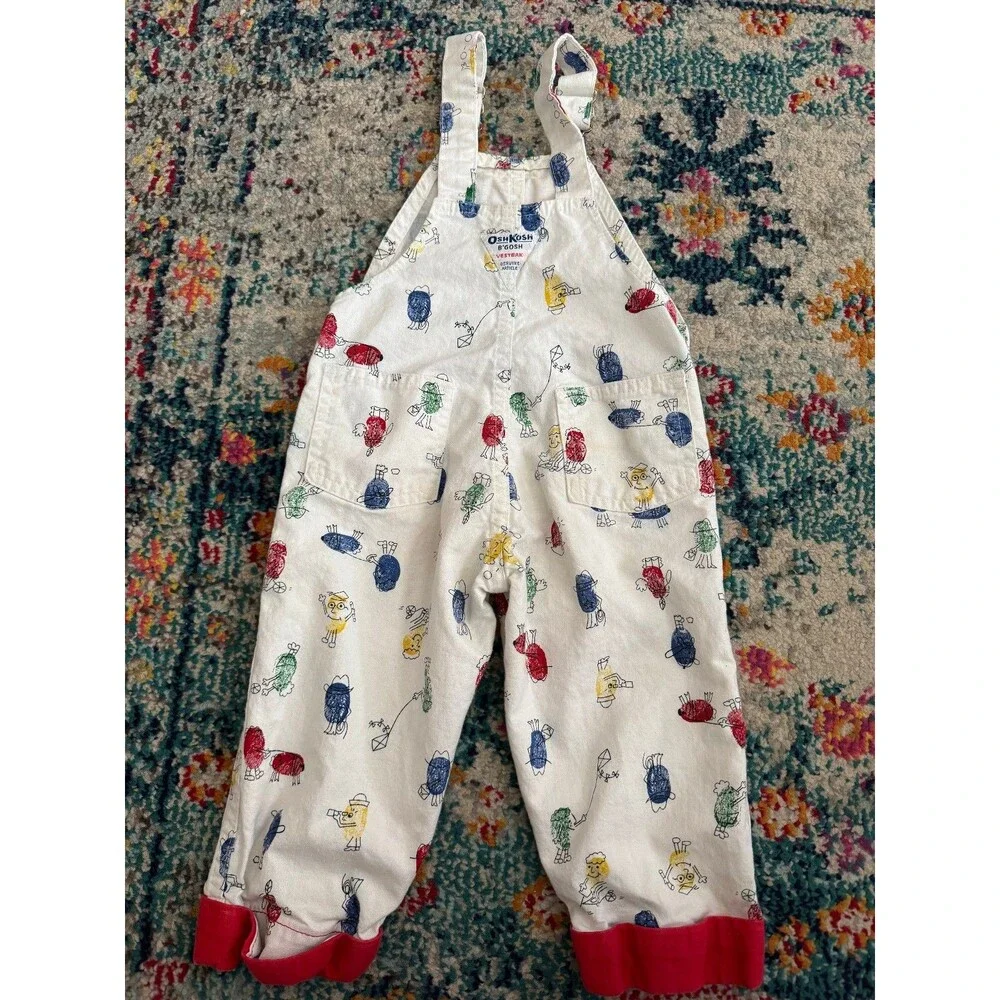 Vintage OshKosh B'Gosh Vestbak Overalls Funny Fingerprint All Over Print Sz 2T